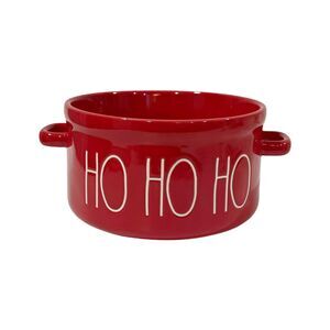 Rae Dunn Red Christmas HO HO HO Soufflé Dog Pet Bowl w/Handles 3.5”